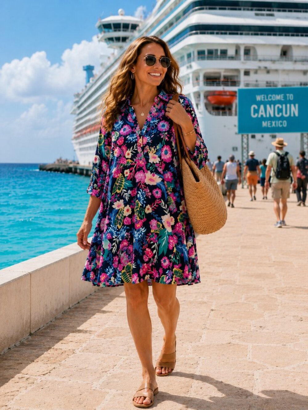 Umgee Floral Boho Dress Bright Tropical Print 3/4 Sleeve Flowy Tunic Midi Medium